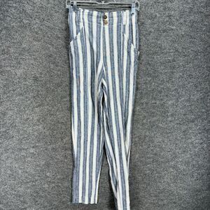 So Pants Women XS Gray Stiped High Rise Tapered Flat Front Chino Linen Pockets